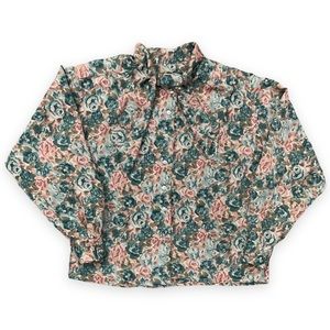 Vintage 1970s Boho Floral Print Ascot Tie Long Sleeve Button Down Blouse Top